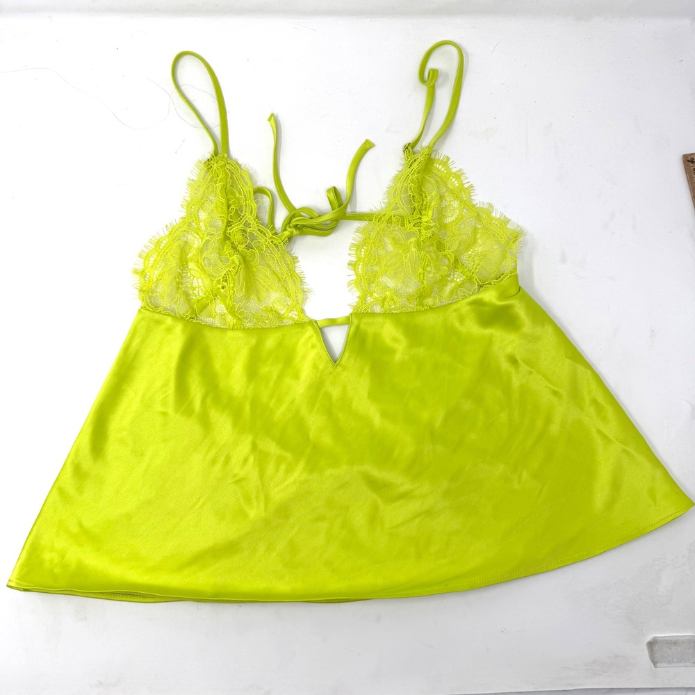 Victoria's Secret Neon Lime Green Satin Lace Camisole Tank Top Small